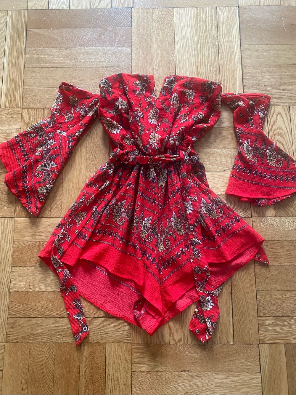 Women’s Red Floral Off-Shoulder Bodysuit with Bell Sleeves